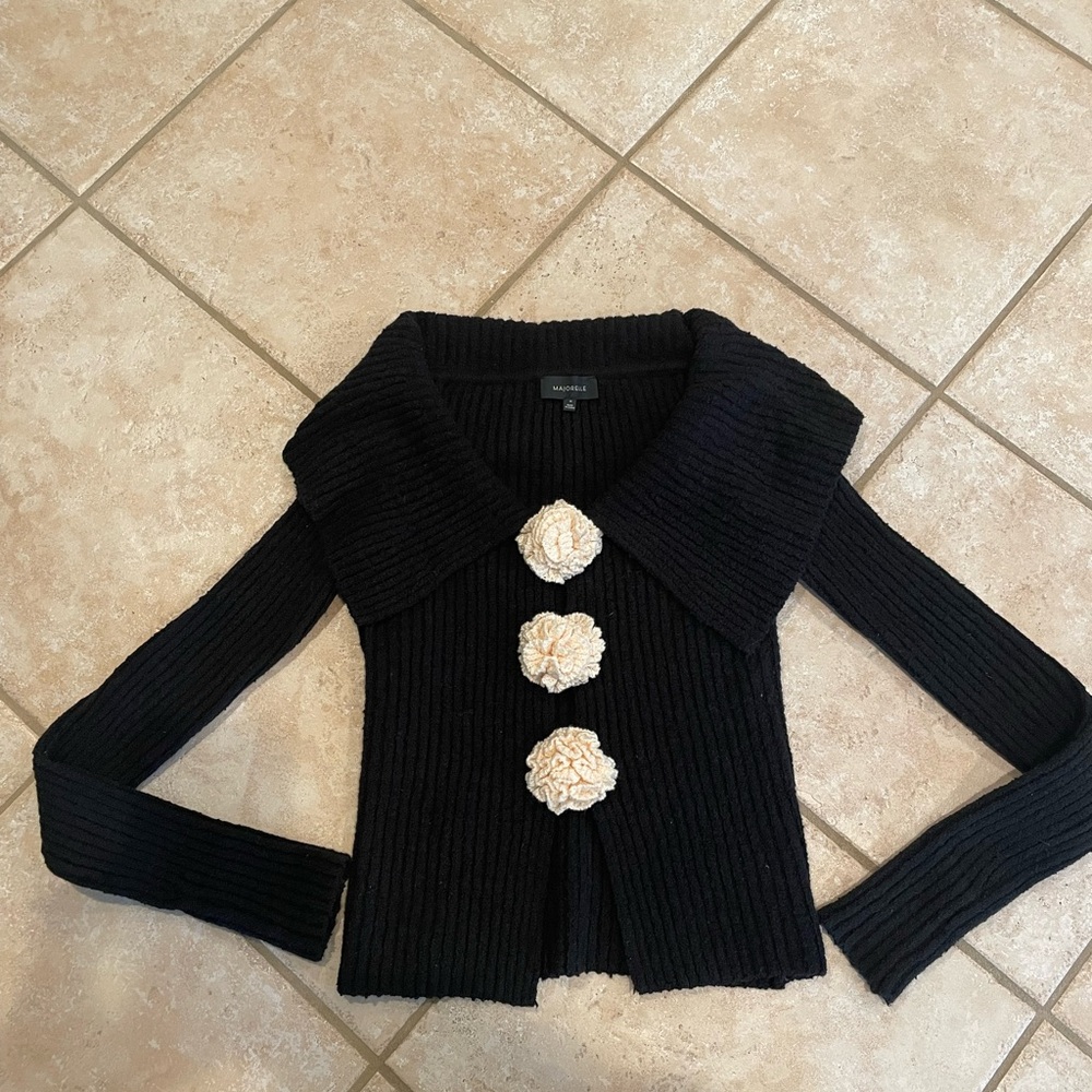 MAJORELLE Black Cardigan with Cream Details